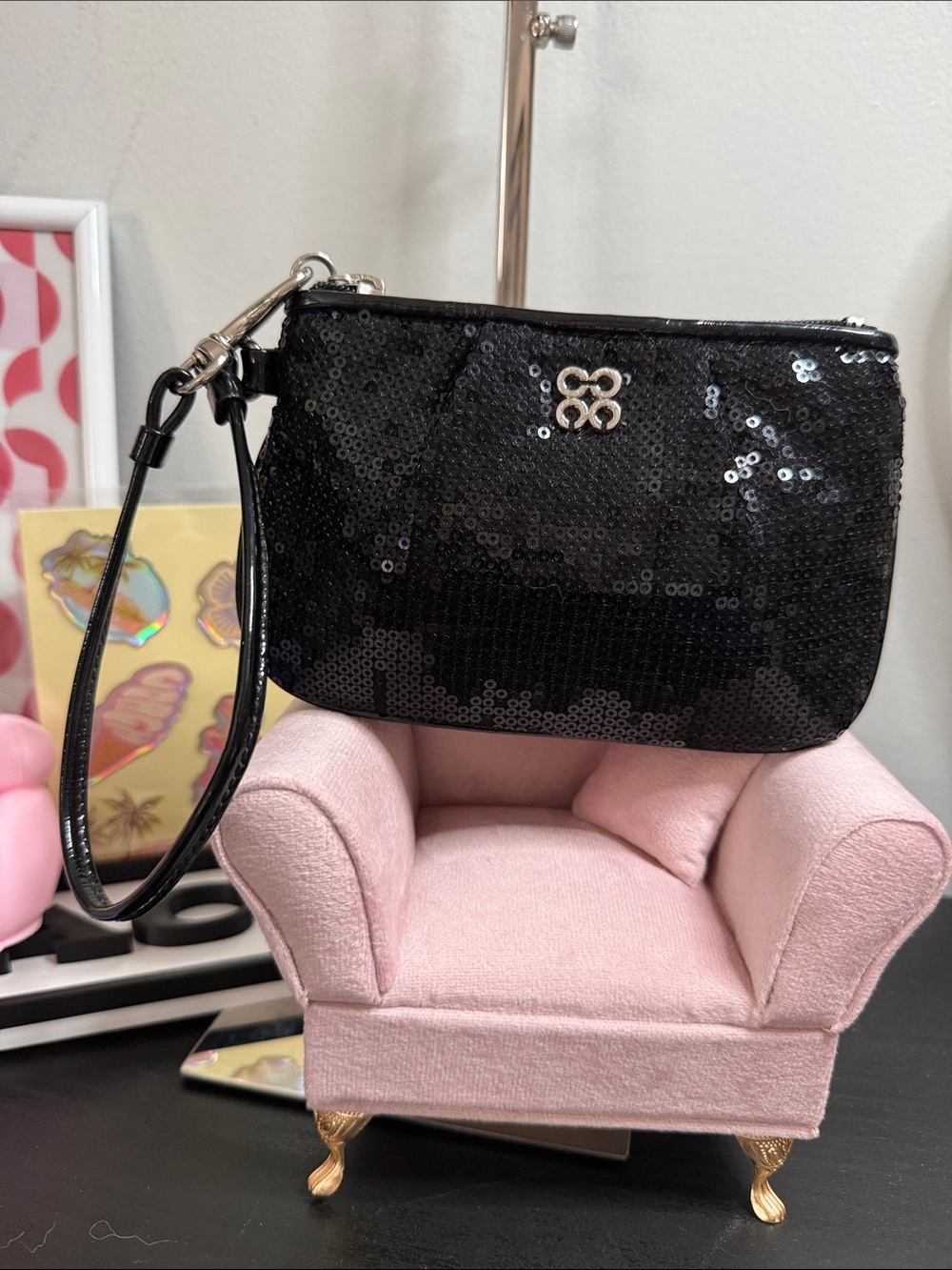 Coach Black Sequin Wristlet with Silver Logo
